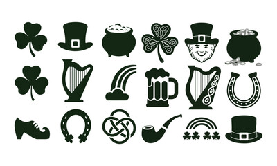 St. Patrick's Day vector icons with shamrocks, leprechauns, Irish harp, beer mugs, horseshoes, and Celtic designs.