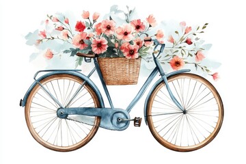 Valentine's Day watercolor a vintage bicycle with a basket full of flowers