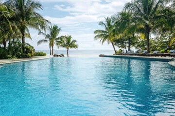 Fototapeta premium Serene poolside view with palm trees and shimmering waters under