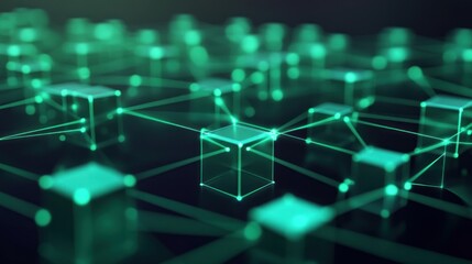 Obraz premium Abstract network of glowing green cubes connected by lines, representing digital connections and data flow.