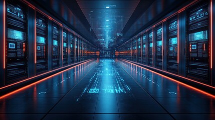 Futuristic server room corridor with glowing displays.