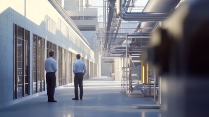 Two businessmen stand in a large industrial facility, observing the machinery and infrastructure.
