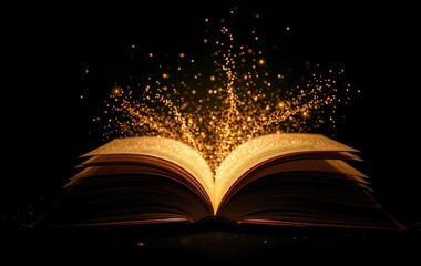 Open book emitting glowing golden light and magical sparkles on dark background, fantasy-inspired illustration with mystical ambiance