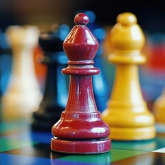 Close-up of a red chess bishop on a board with other pieces blurred in the background.
