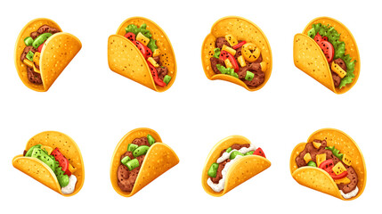 Eight Illustrations of Tacos with Varying Fillings Isolated On A White Background, PNG Transparent