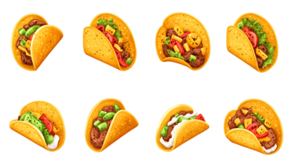 Eight Illustrations of Tacos with Varying Fillings Isolated On A White Background, PNG Transparent
