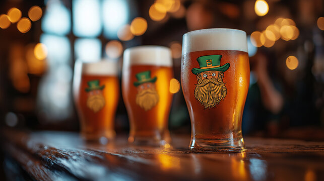 Pints of Irish beer with festive design in cozy pub setting