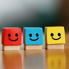Three colorful wooden blocks with smiling faces.