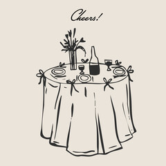 Wedding hand drawn cheers table decoration illustration in vintage retro sweet la dolce vita holiday party printable menu, invitation, poster art.
