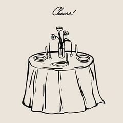 Wedding table decoration illustration in vintage retro sweet la dolce vita holiday party printable menu, invitation, poster art.