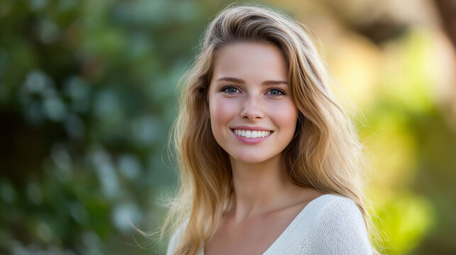 Natural blonde woman with radiant smile in garden setting. Suitable for wellness coaching, organic beauty products, or healthy lifestyle content