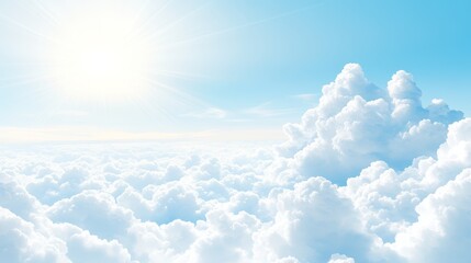 Brilliant blue sky with fluffy white clouds and radiant sun