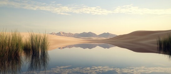 Obraz premium Serene desert oasis reflecting mountains and sky in a calm pool of water.