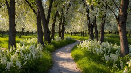 Naklejka premium Blossoming Bird Cherry Grove with Radiant Spring Pathway
