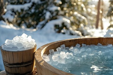 Serene winter scene featuring wooden tub filled with ice and wat