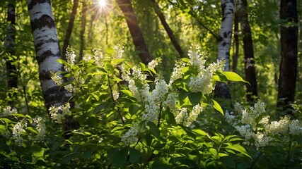 Fototapeta premium Sunlight Breaking Through the Canopy on a Bird Cherry Tree in the Forest
