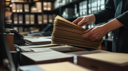 Woman's hands sorting through a stack of papers in an office or shop.