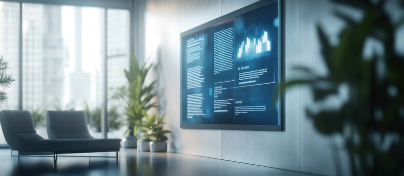 Modern office lounge with large digital display showing data and graphs.