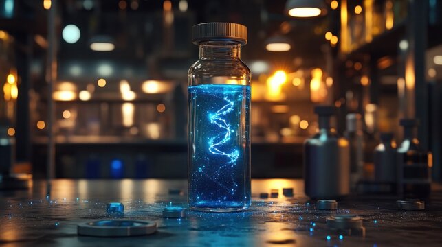 Glowing blue DNA helix in glass vial on lab table.