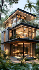 Fototapeta premium Modern glass house nestled in tropical greenery with sleek architectural design and ambient lighting