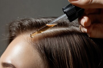 Hair serum application showcases hand holding dropper, enhancing