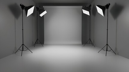 Minimalist studio with smooth grey floor and white cyc wall, dramatically lit by spotlights creating a subtle gradient effect. A perfect space for photography and creative projects