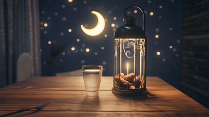 A serene and symbolic representation of Ramadan fasting, featuring a peaceful evening scene with a crescent moon and twinkling stars in a calm, dark sky. A traditional wooden table is set with dates,