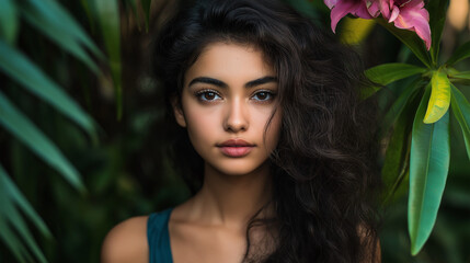Fototapeta premium Young woman with exotic features among tropical plants. Ideal for natural beauty, botanical fashion, or tropical lifestyle