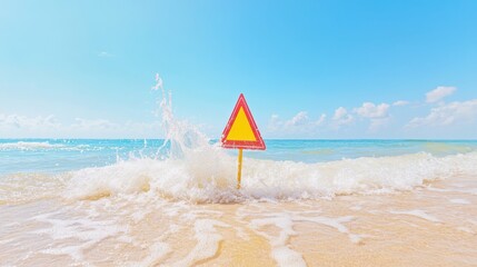 Fototapeta premium Striking sign placed in the shallow turquoise water of tropical beach paradise