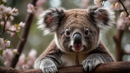 Fototapeta premium A koala peeking through branches adorned with pink blossoms.