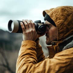 Man in hooded jacket using spotting scope outdoors, looking at distant mountains.