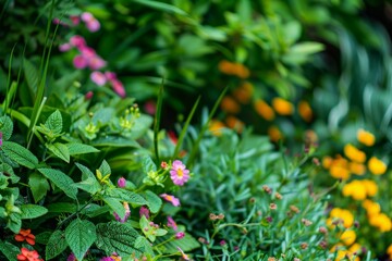 Fototapeta premium A close-up view of a summer garden, showcasing vibrant pink and yellow flowers intertwined with lush green foliage, Lush green foliage intertwined with colorful flowers in a serene garden setting