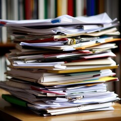 Large stack of papers, documents, and folders on a wooden table.