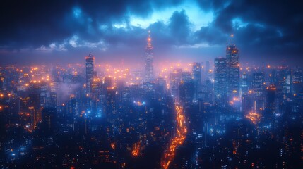 Obraz premium Night cityscape, futuristic city skyline with illuminated buildings and dramatic clouds.