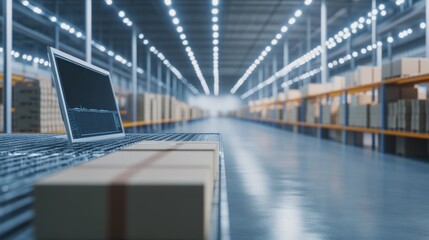 Obraz premium Laptop on conveyor belt in large warehouse with inventory.