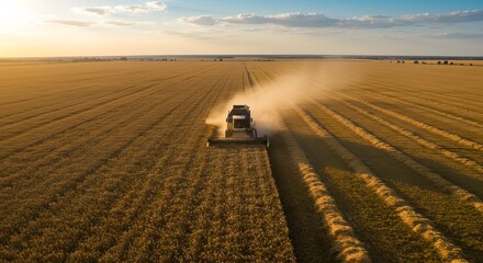 Harvesting machine operating in expansive golden wheat field during sunset illustrating mechanized farming and modern agricultural efficiency for high-yield crop production and sustainable farming