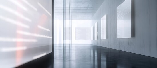 Obraz premium Modern minimalist white hallway with illuminated wall and blank canvases.