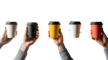 Five Hands Holding Colorful Disposable Coffee Cups Isolated On A White Background, PNG Transparent