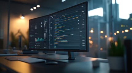 Two monitors displaying code and data analytics in a modern office at night.