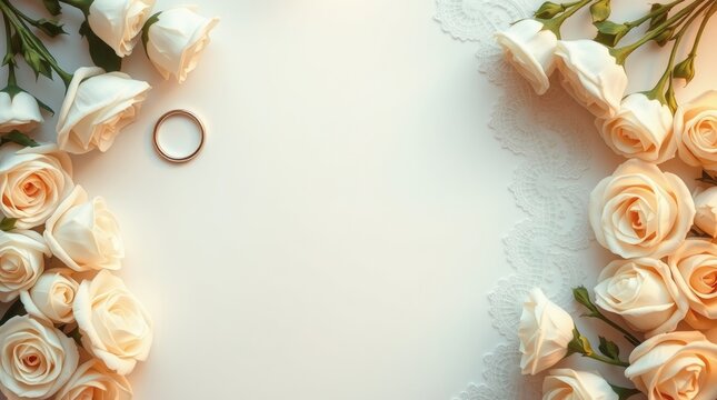 Elegant gold wedding band centered among delicate cream roses with white lace trim. Perfect for wedding invitations, bridal announcements, and romantic marketing materials.