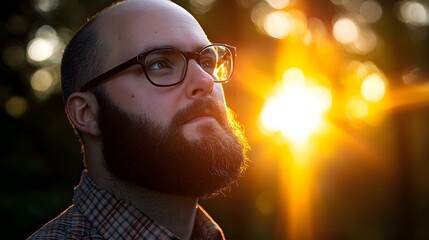 Man with Beard Looking at Sunset  Backlit Portrait