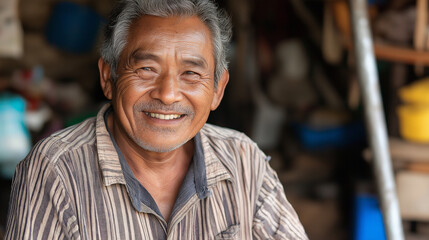 Fototapeta premium Senior Asian man with warm smile in casual stripes. Ideal for authentic aging, cultural diversity, or community stories