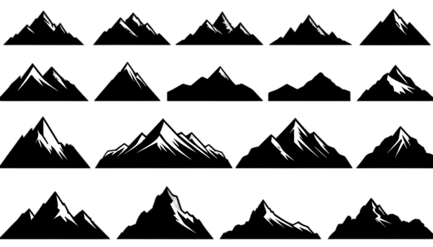 Set of mountain icons featuring pyramids, hills, and silhouettes in a desert landscape with a sunset and snow-capped peaks, perfect for travel and tourism themes