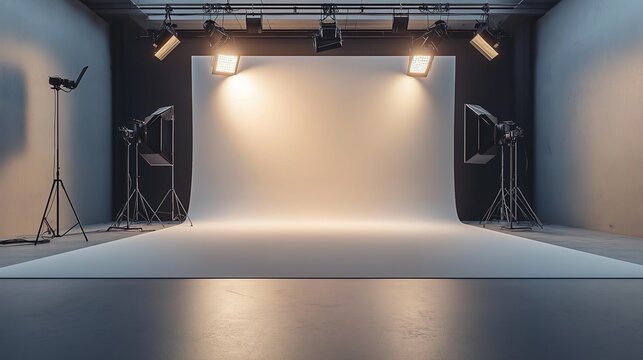 Minimalist studio with smooth grey floor and white cyc wall, dramatically lit by spotlights creating a subtle gradient effect. A perfect space for photography and creative projects