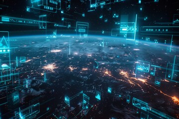 Fototapeta premium A futuristic interpretation of global connectivity, illustrated with illuminated lines connecting points on a globe, A futuristic interpretation of global connectivity and exchange through technology