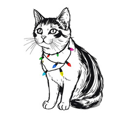 Obraz premium A black and white illustration of a cat adorned with colorful holiday lights.