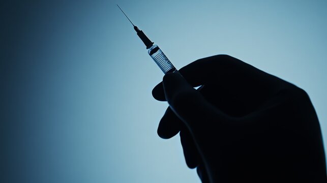 Hand holding syringe filled with clear liquid ready for injection