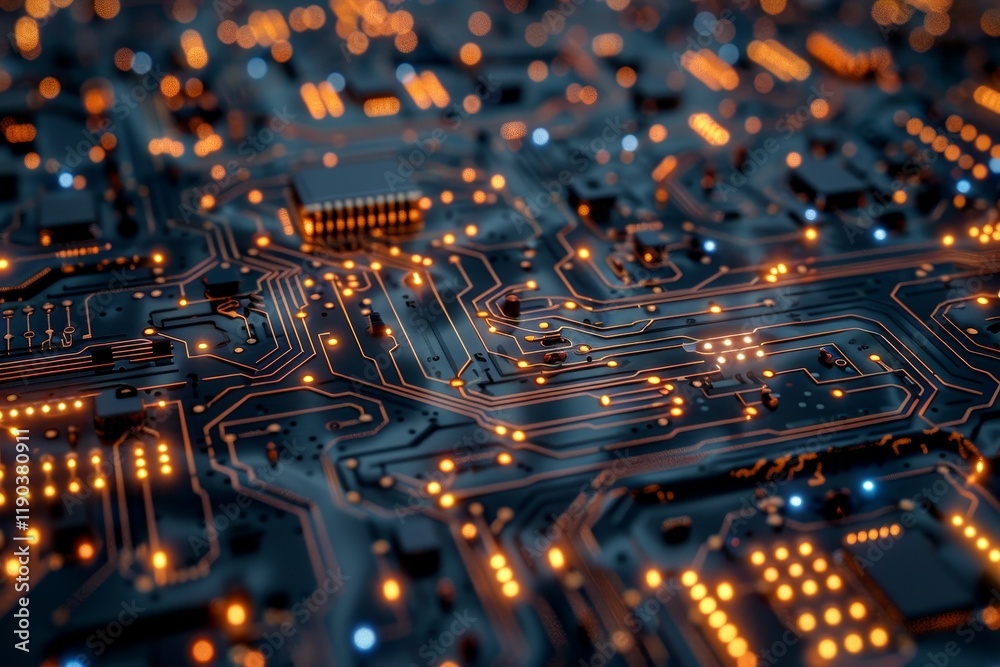 Poster a close-up of a circuit board with glowing orange and blue lights, showcasing intricate patterns, in