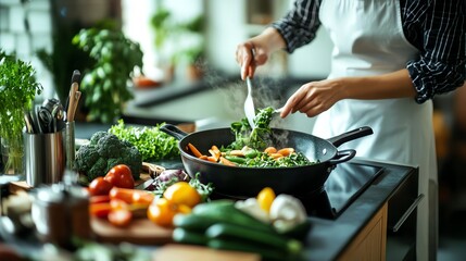 Woman Preparing a Healthy Meal in a Sunny Kitchen