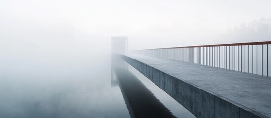 Fototapeta premium Foggy bridge extending to a distant structure over still water.